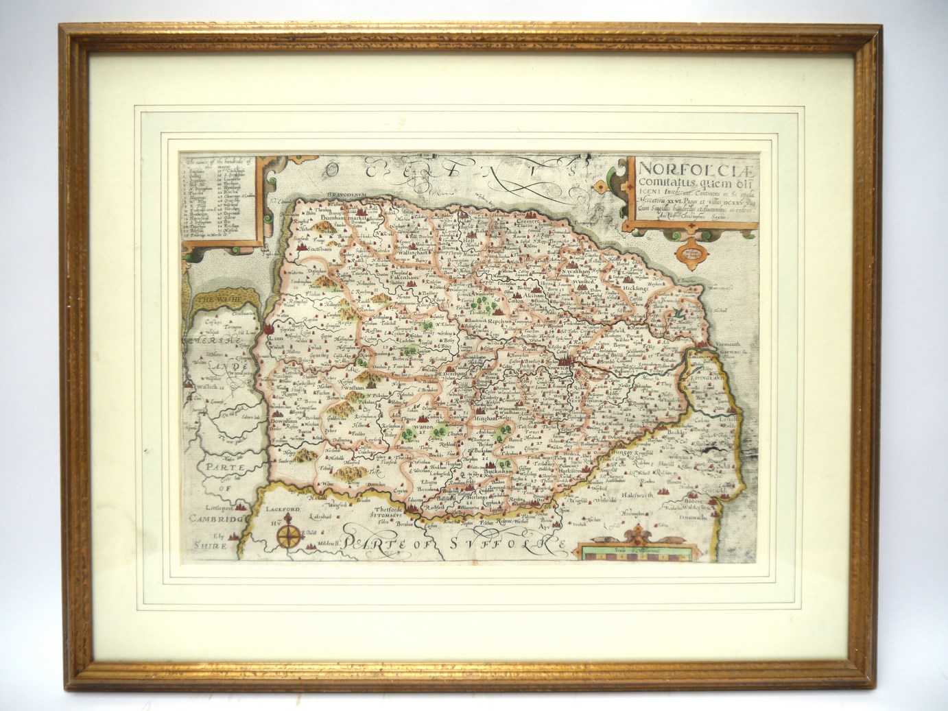 Saxton-Kip: 'Norfolciae Comitatus [Norfolk]', engraved hand coloured map, circa 1610, - Image 2 of 2