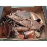 A box of mainly copper ware including Arts & Crafts copper crumb scoop