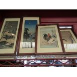 Five framed and glazed Japanese prints depicting figures in village scenes (2) and white crane,