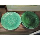 Six Victorian Majolica green leaf plates