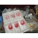 A box of miscellaneous and a boxed set of Karas crystal liquer glasses with pink bowls