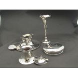 Silver capstan inkwells, stem vase and pot lid (4),