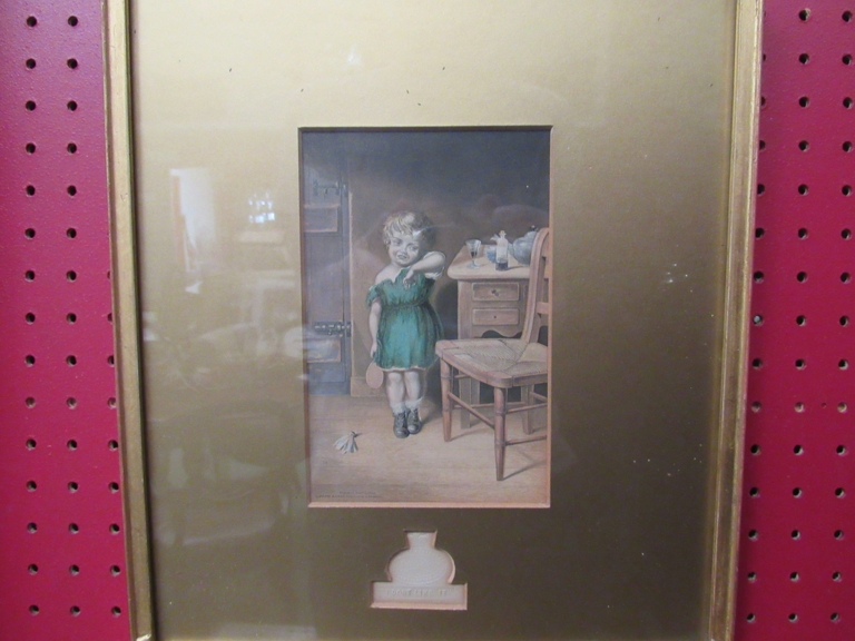 An amusing gilt framed and glazed coloured print by George Baxter of a little girl with bat and