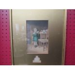 An amusing gilt framed and glazed coloured print by George Baxter of a little girl with bat and