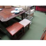 An exotic wood lamp table an oak leg stool and a four tier glass and chrome shelf (3)