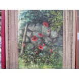 BARBARA MCINTYRE (XX) A framed oil on canvas of poppies by a stone wall,