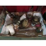 A box of mixed oil lamps and table lamps with fittings