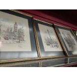 Three Jan Korthals (Dutch) coloured prints of London landmarks - Big Ben,