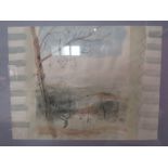 Michael Ware: watercolour of landscape trees, hills etc, image 39cm x 29.