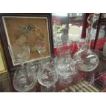 An Edwardian crystal glass decanter, pair of wine glasses,