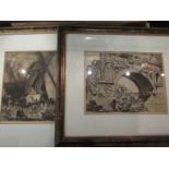 A set of five sepia prints of architectural shipping and figural scenes,