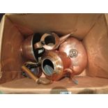 A box of copper wares including kettle