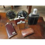 Two retro Big Ben Westclox repeater alarm clocks together with varius hip flasks (7)