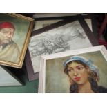 A collection of six pictures and prints including oils of continental peasants,