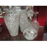 Two lead crystal cut glass vases and two decanters,