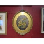 A gilt framed oval oil, still life of flowers, WF monogram and dated 1904.