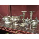 Mixed silver and plated items including spill vases, cruets,