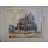 A framed and glazed watercolour of Abbey ruins and cattle, signed MORRIS lower right,