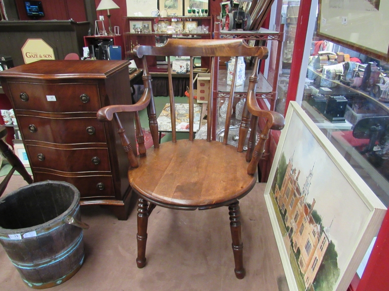 A Victorian fruitwood penny seat elbow chair on turned legs joined by an 'H' stretcher,