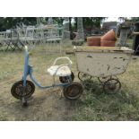 A child's tricycle and a vintage doll's pram (missing one wheel)