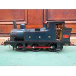 A Barrett Steam Models Ltd gauge 1 GER 0-6-0 locomotive in blue livery and lined in red and black,