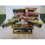 A collection of boxed 00/H0 gauge locomotives and rolling stock including Lima, Athearn, Mantua,