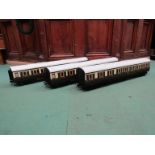 Three Finescale gauge 1 GWR coaches in brown and cream livery