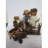 Three "Originals by Chris" handmade jointed teddy bears in outfits with wooden accessories