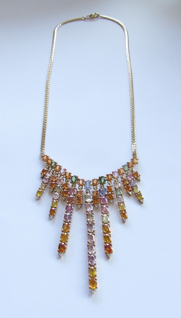 A gold multicoloured sapphire fringe drop necklace, - Image 2 of 3