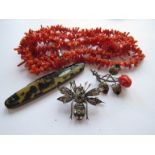 A paste set brooch as a bee with saftey chain, coral rose brooch,