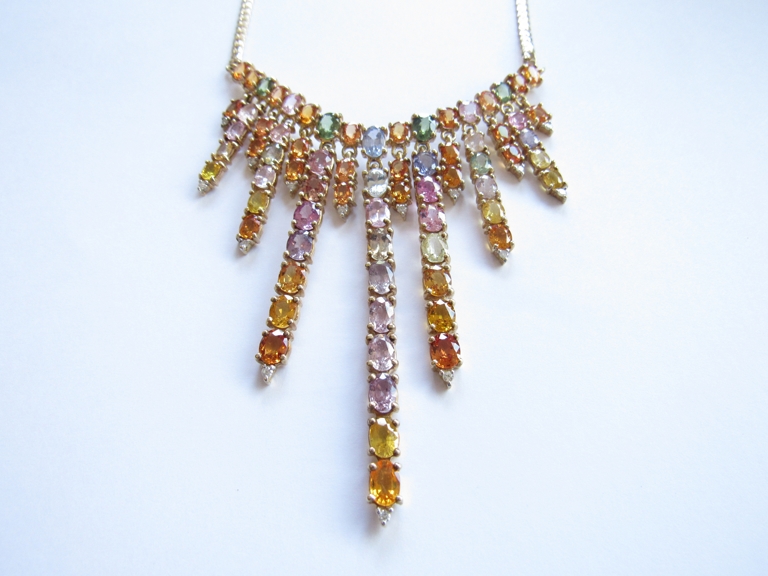 A gold multicoloured sapphire fringe drop necklace, - Image 3 of 3