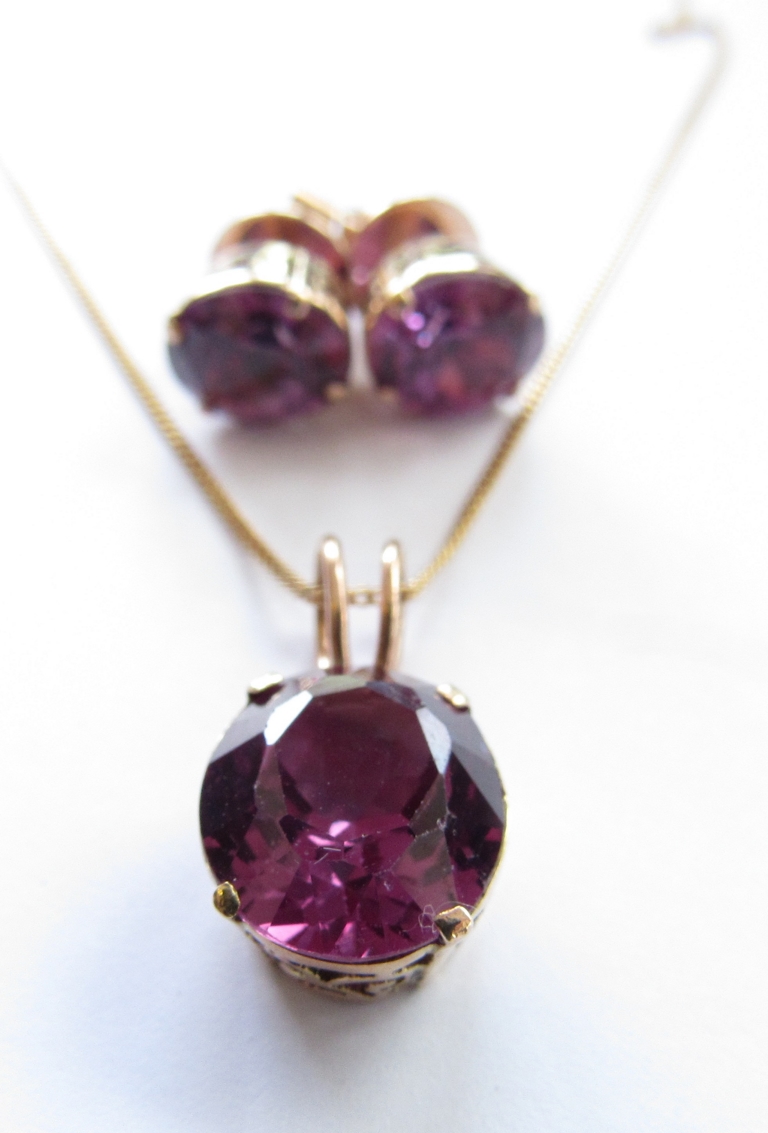 A pair of gold alexandrite earrings, unmarked with a matching pendant hung on an 18ct gold chain, - Image 3 of 3