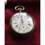 A Damascened gold and silver on steel cased pocket watch Roman numerated chapter ring,