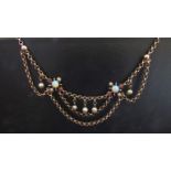 An opal, ruby and pearl necklace, unmarked, 44cm long, 5.