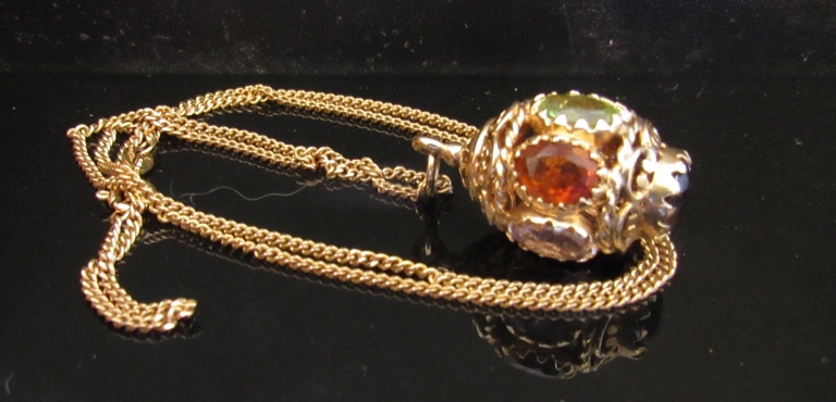 A 9ct gold chain, 48cm long, hung with a seven stone pendant including citrine, peridot etc, 9. - Image 2 of 2