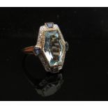 A 9ct gold aquamarine, sapphire and diamond chip ring. Size M/N, 4.