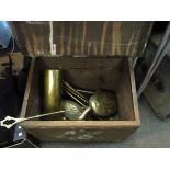 A shell case, fire irons, brass swan figure,