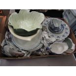 A box containing assorted china including Wedgwood and Johnson Bros.