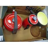 A retro fondue set and red enamel ware French coffee and tea kettles "AUBECA"