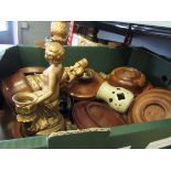 Two boxes of mixed brassware including candlesticks,