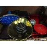 A box of miscellaneous including kitchen scales, red dial telephone etc.