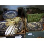 Two boxes of mixed china and a pink glass dressing table set