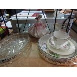 Three plated serving trays (2 with glass/ceramic inserts) a Doulton figurine,