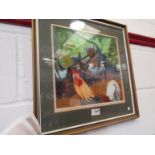 A framed and glazed watercolour of roosting hens and cockerel,