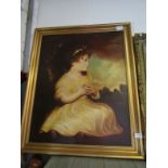 An oil on canvas portrait of young girl in gold dress,