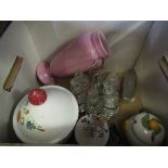 A box of miscellaneous including silver plated cruet set and silver hand brush