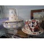 Three vintage washbowls, a wash jug and cheese dome,