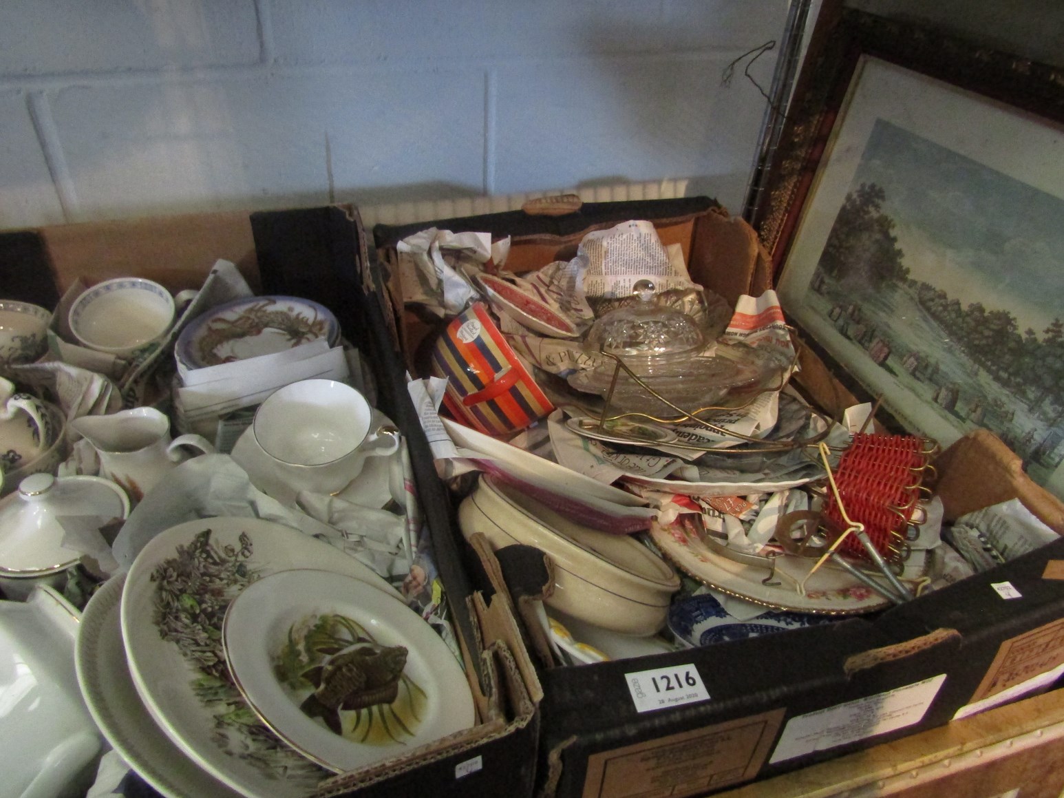 Two boxes containing assorted china and glassware including Royal Albert and Meakin teasets and two