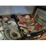 Two boxes containing assorted china and glassware including Royal Albert and Meakin teasets and two