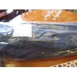 A pair of navy cotton lined and interlined curtains,